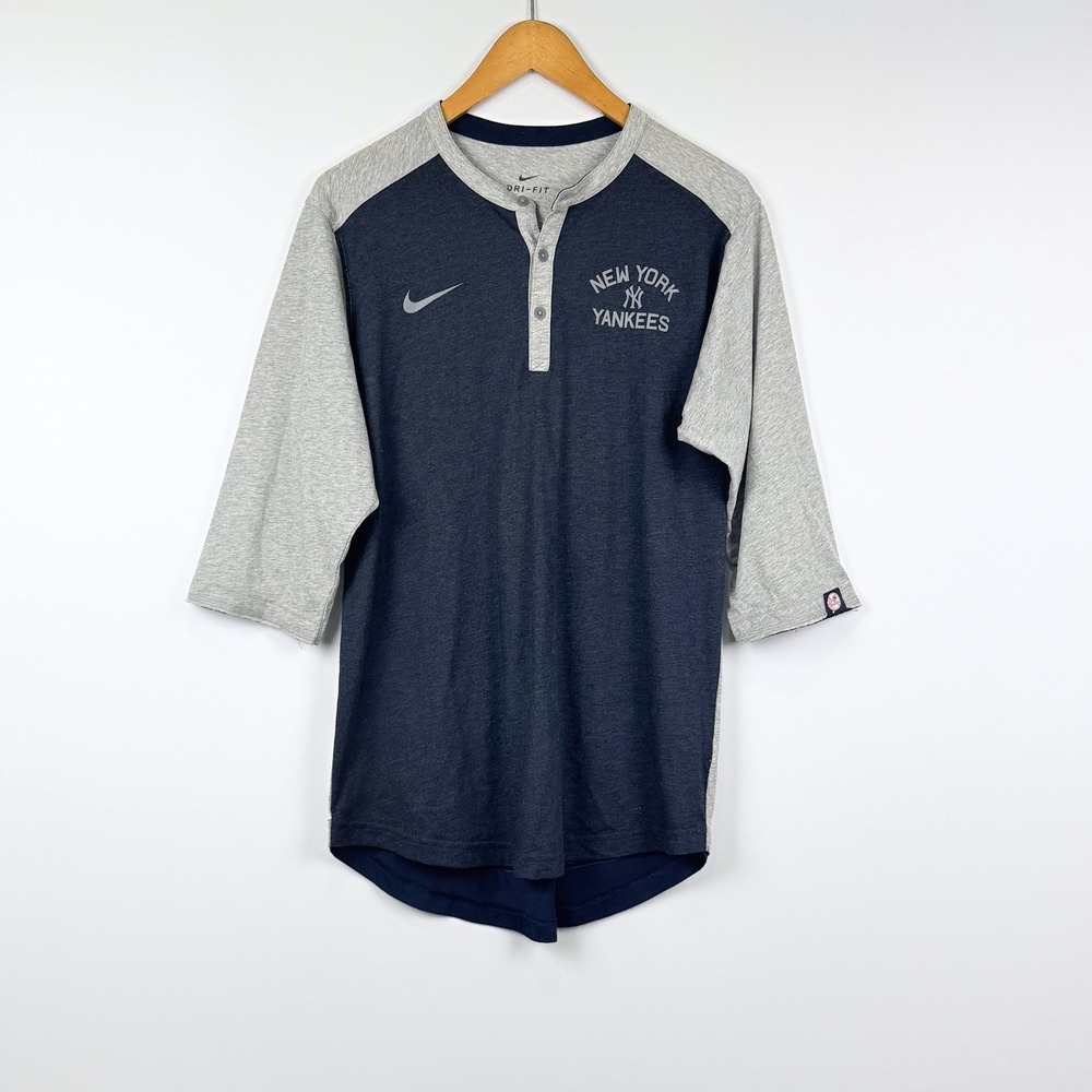 Nike New York Yankees Henley Mens M Blue Grey 3/4 Sleeve Dri-FIT